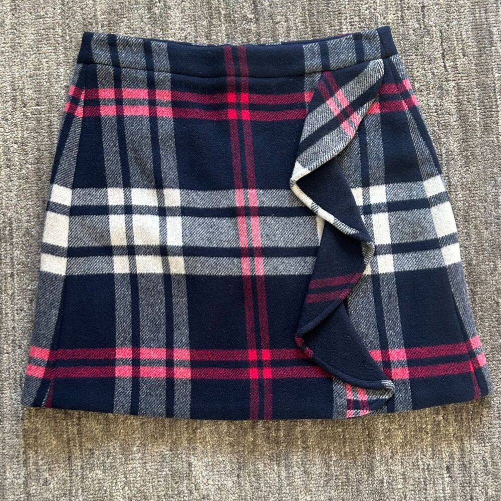 J. Crew Double Serge Wool Plaid Mini Skirt with Ruffle, Size 2, NWT